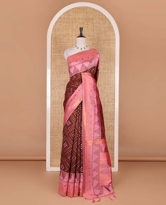 Maroon ikkat style zari and thread buttas elite soft silk saree, contrast ikkat design border, geometric patterned pallu, and a contrast blouse