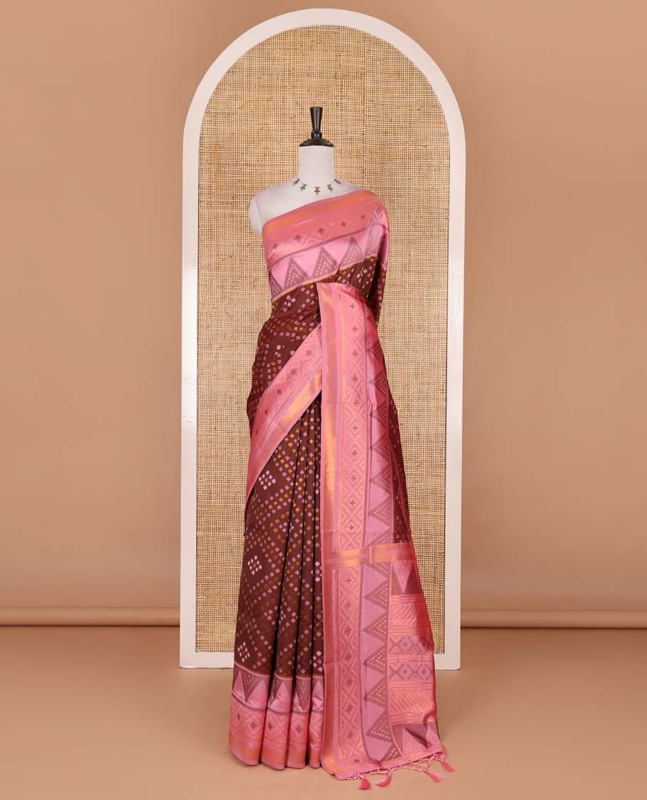 Maroon ikkat style zari and thread buttas elite soft silk saree, contrast ikkat design border, geometric patterned pallu, and a contrast blouse
