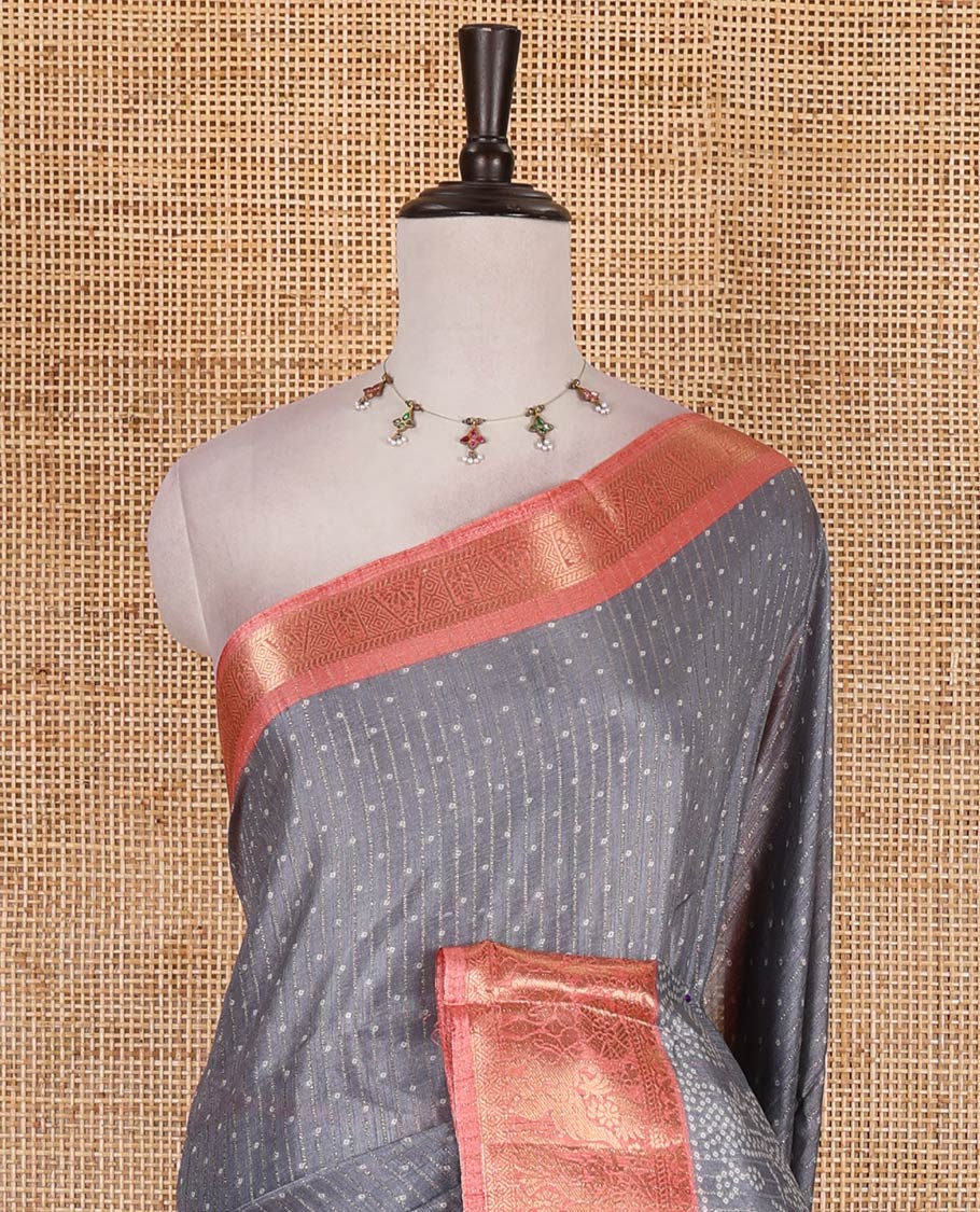 Grey bandhani dotted trees, and deer motifs printed dola silk saree, contrast zari border, pallu of tree, and deer print, and contrast zari design blouse