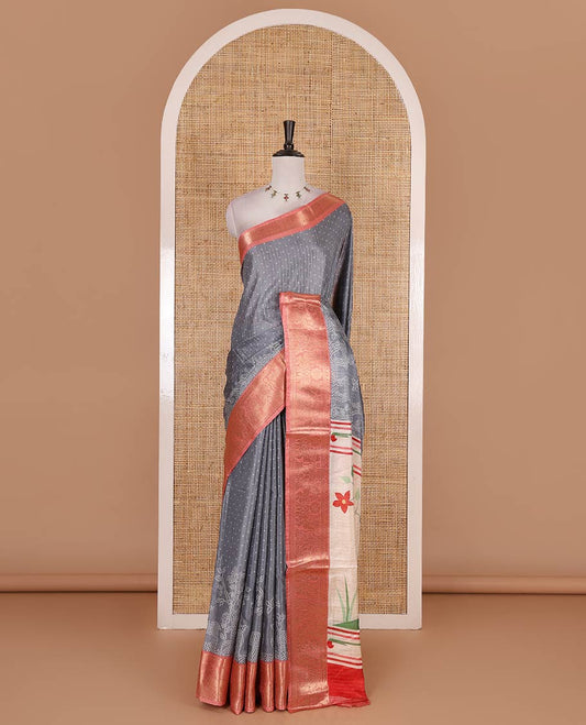 Grey bandhani dotted trees, and deer motifs printed dola silk saree, contrast zari border, pallu of tree, and deer print, and contrast zari design blouse