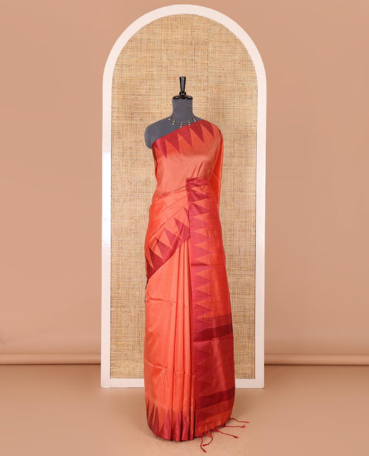 Orange sparsely striped semi-tussar saree, contrast temple red border, striped pallu, and contrast blouse