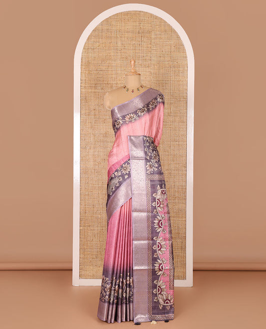 Pink tri-ombre colored zari stripes, and floral vine printed semi-tussar saree, contrast floral creeper zari border, kalamkari peacock printed pallu, and a contrast blouse of zari work and print