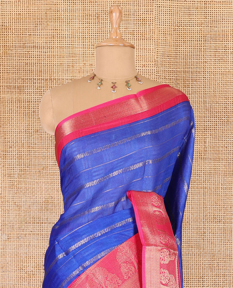 Royal blue traditional zari design dola silk saree, contrast tree of life and peacock design border, zari design pallu, and contrast zari woven blouse