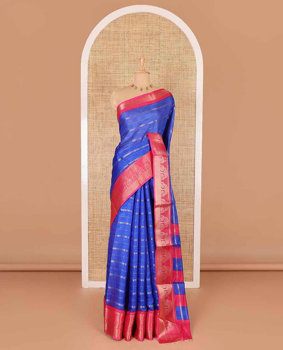 Royal blue traditional zari design dola silk saree, contrast tree of life and peacock design border, zari design pallu, and contrast zari woven blouse