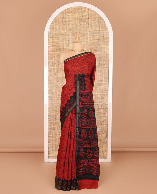 Red floral vine hand block printed Chanderi cotton saree with temple border of print, and piping zari work, printed pallu, and a zig-zag striped blouse