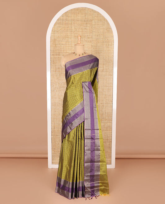 Mehendi green checked semi-soft silk saree, contrast satin zari striped border, striped pallu, and a matching blouse