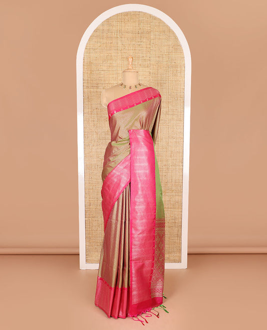 Olive green small zari buttas woven elite soft silk saree, contrast zari woven scallop satin border, jaal pallu, and a contrast chakram zari motifs blouse