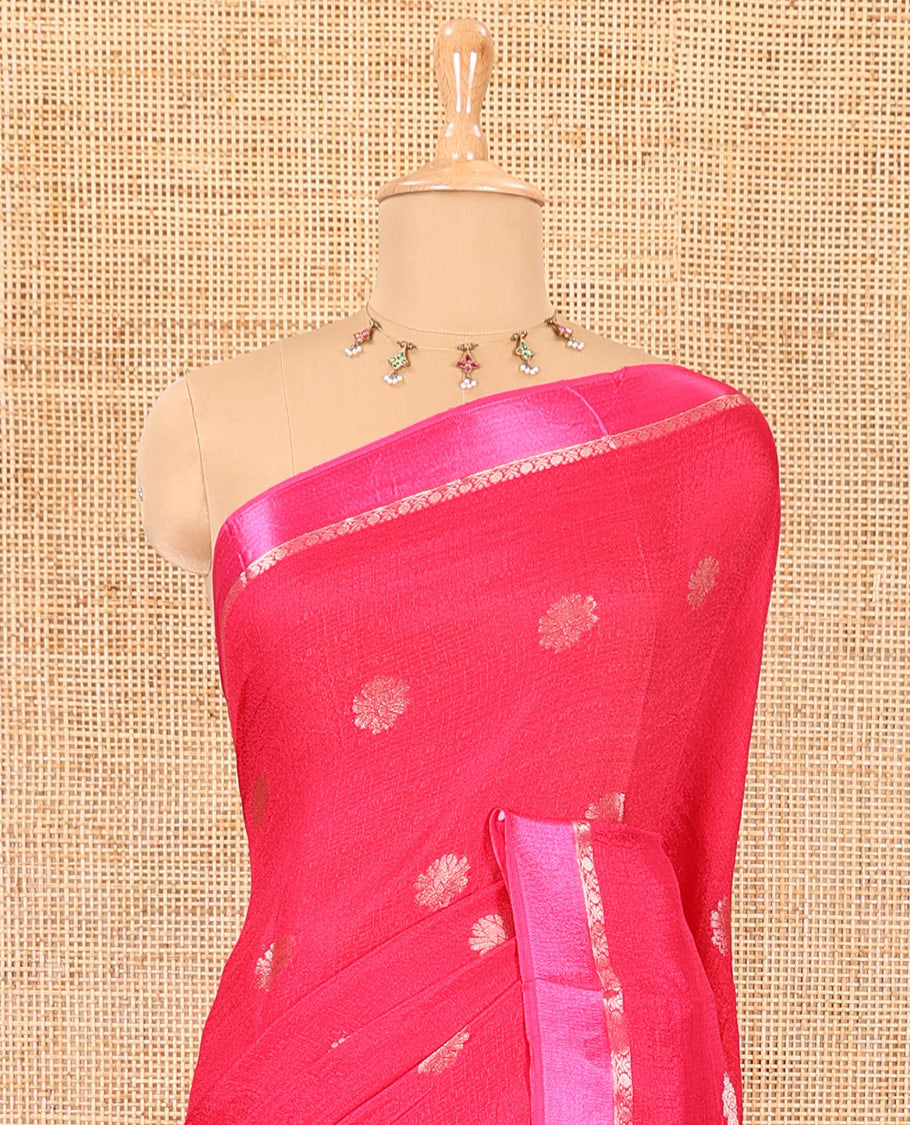 Rani pink floral zari buttas viscose khadi silk saree, traditional zari satin border, floral zari buttas woven pallu, and a matching zari design blouse