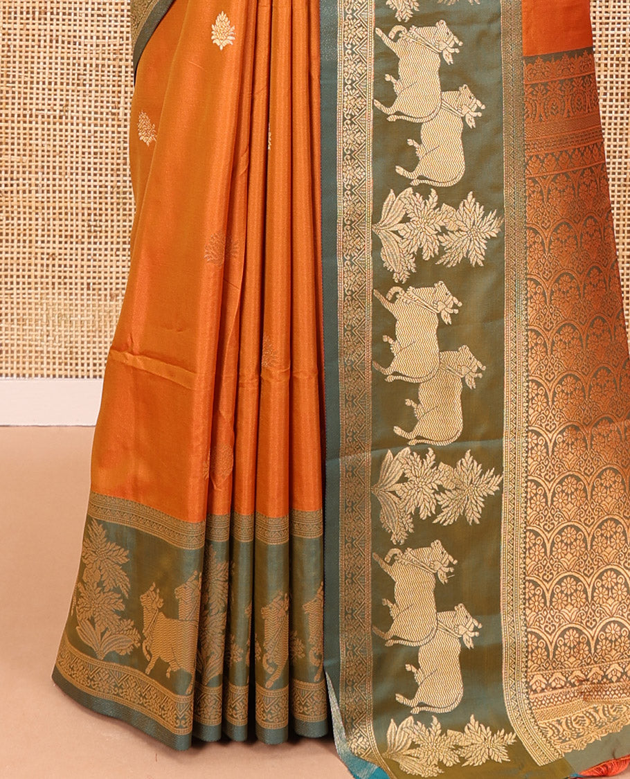 Orange zari buttas elite soft silk saree, contrast traditional zari border of Pichwai cow design, scallop pallu, and a contrast zari design blouse