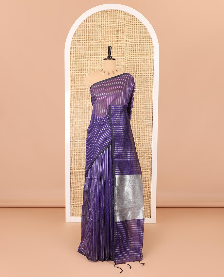 Borderless dark violet silver zari vertically striped khadi mul cotton saree, gleaming zari pallu and a matching blouse