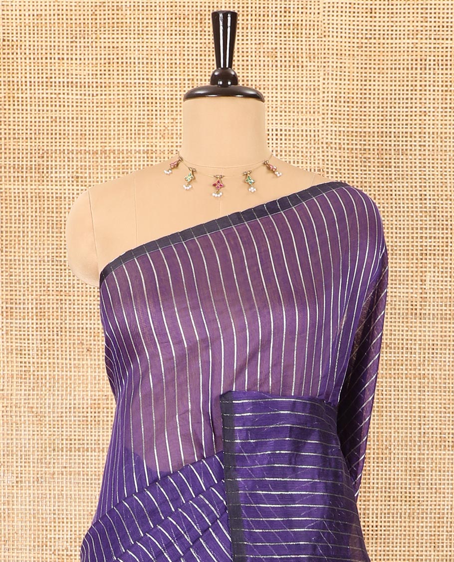 Borderless dark violet silver zari vertically striped khadi mul cotton saree, gleaming zari pallu and a matching blouse
