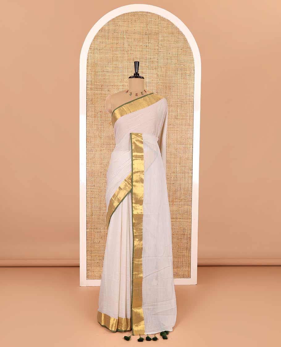 Cream plain khadi mul cotton saree, contrast gold zari bavanji border, self-pallu, and a plain blouse