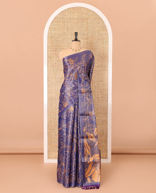 Borderless violet floral motifs printed tissue silk saree with floral printed pallu, and a contrast plain blouse