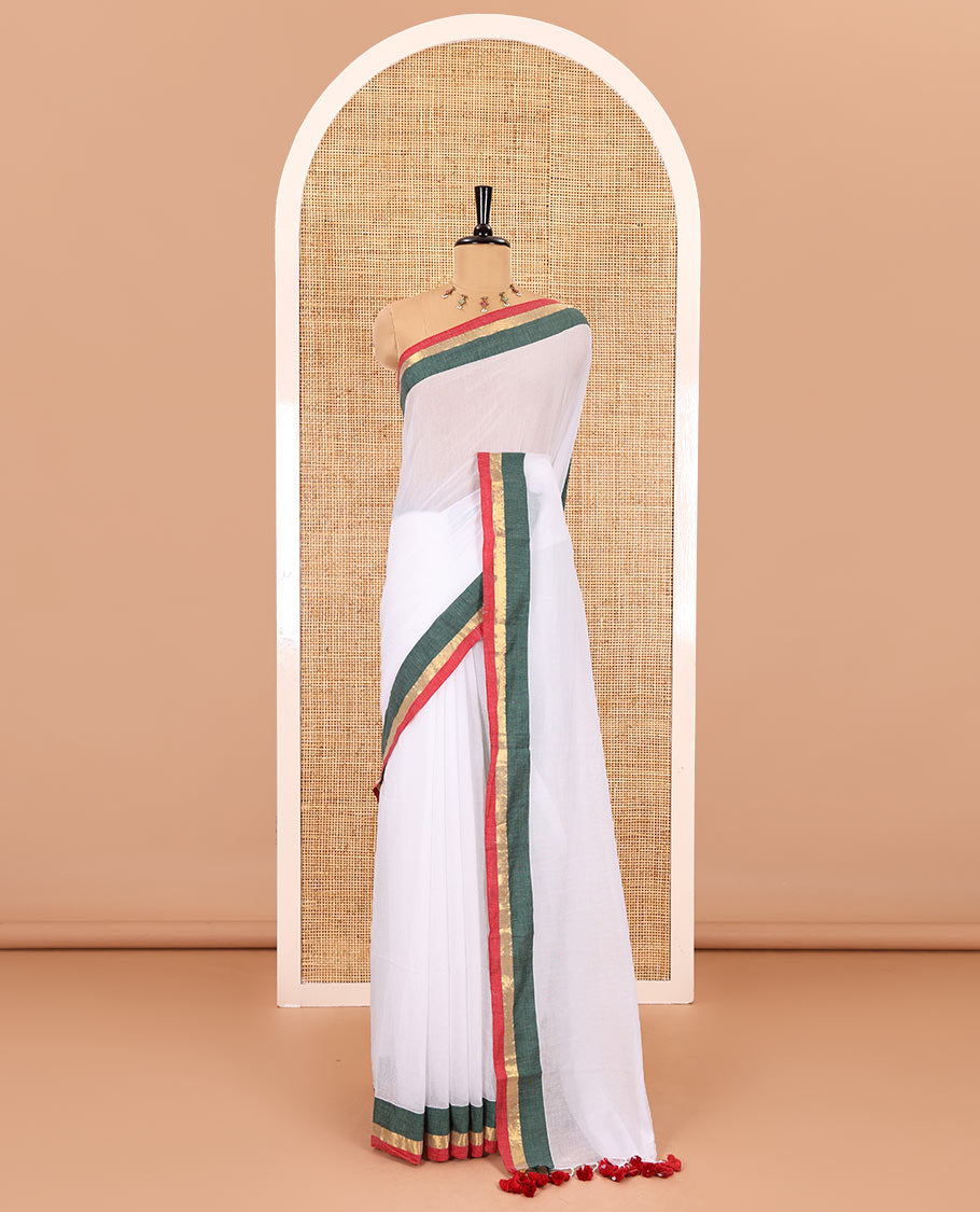Half-white full-plain Khadi mul cotton saree, contrast red and green zari border, plain pallu, and a plain blouse
