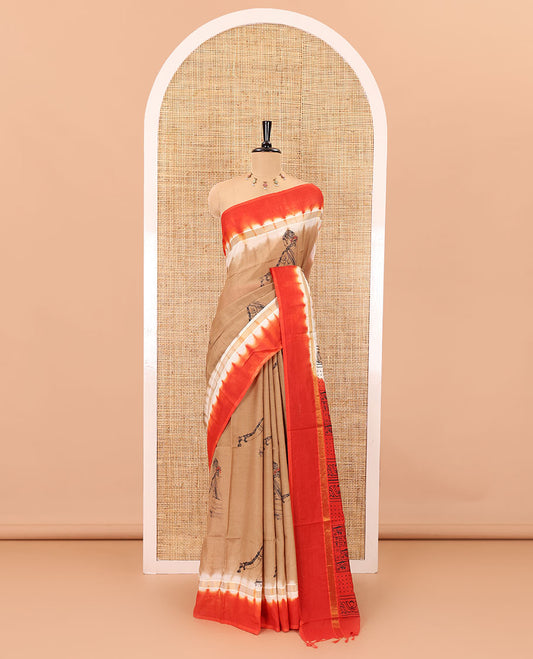 Brown Authentic South Indian women motifs printed chennur silk saree, contrast plain border, printed pallu, and a contrast plain blouse