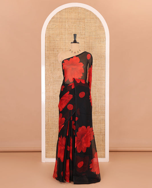 Borderless black and red floral motifs printed lightweight chiffon saree, floral printed pallu, and without blouse