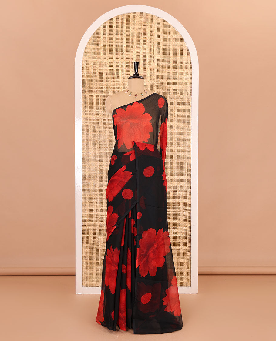 Borderless black and red floral motifs printed lightweight chiffon saree, floral printed pallu, and without blouse