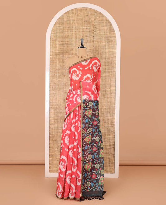 Borderless pink shibori printed linen cotton saree, contrast kaleidoscope colored kalamkari floral vine print, and a contrast printed blouse