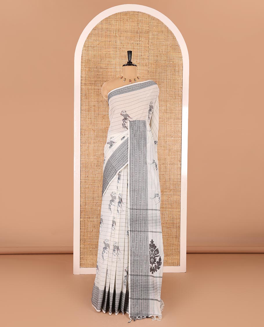 Cream-black horizontal striped and girl motifs printed Mangalagiri cotton saree, traditional motifs woven border, printed pallu, and a contrast blouse