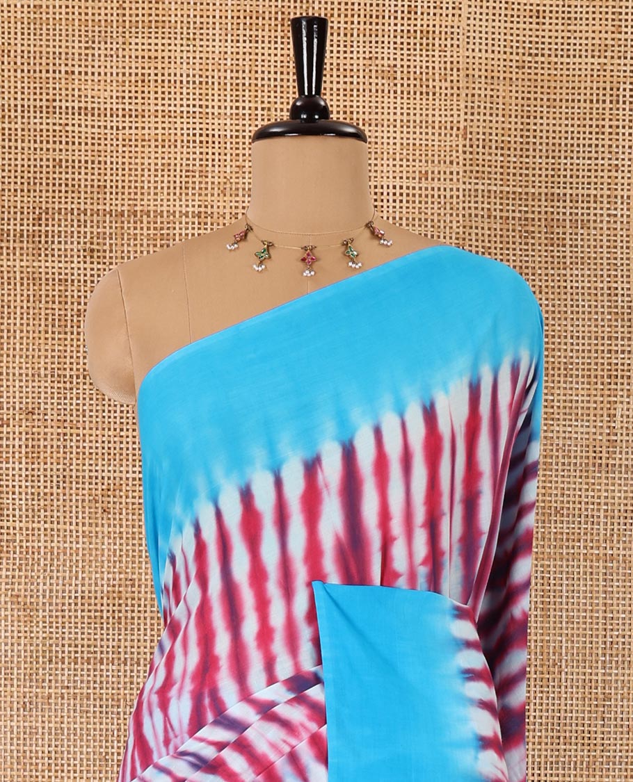 Pink shibori printed pure cotton saree, contrast plain border, plain pallu, and contrast plain blouse