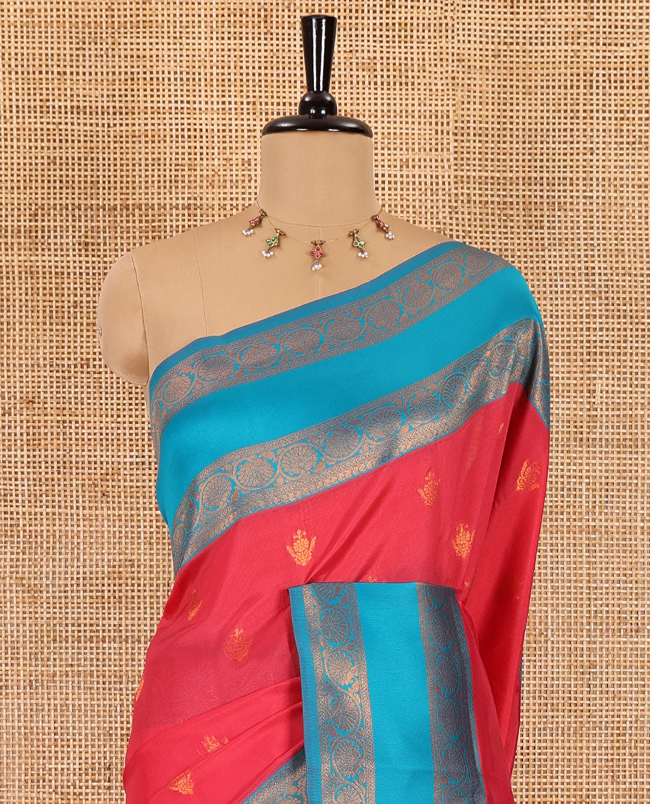 Pink copper zari buttas elite soft silk saree , contrast zari weaving border , contrast brocade rich pallu with tussels , and  contrast brocade blouse