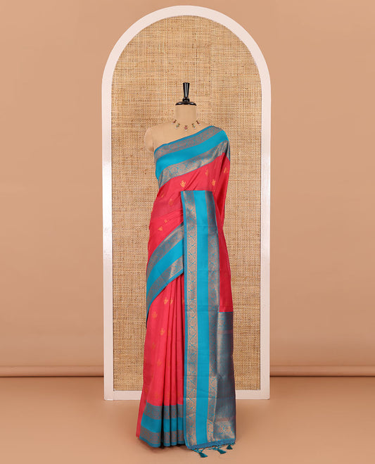 Pink copper zari buttas elite soft silk saree , contrast zari weaving border , contrast brocade rich pallu with tussels , and  contrast brocade blouse