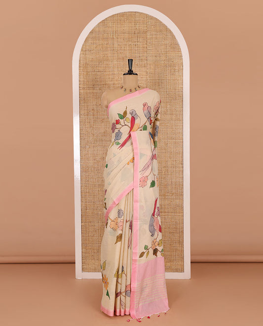 Chikku-pink macow parrot and floral printed Mangalgiri cotton saree, contrast thread traditional border, astriped pallu, and floral-stripes printed blouse