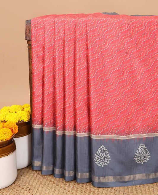 Red with grey printed design katan silk saree with contrast gold zari piping botder & printed rich pallu along with small butta printed blouse