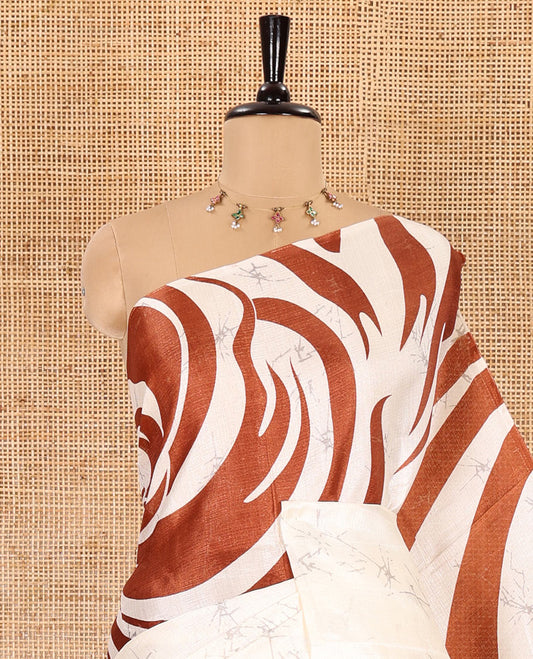 Borderless brown batik-style abstract printed art khadi cotton saree, batik-style abstract printed pallu and contrast batik printed blouse