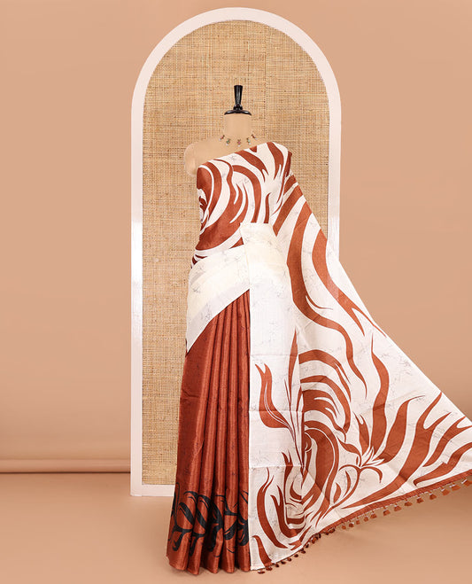 Borderless brown batik-style abstract printed art khadi cotton saree, batik-style abstract printed pallu and contrast batik printed blouse