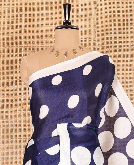 Borderless cream-navy blue polka dots printed art khadi cotton saree, pallu of big and small coin-size polka dots print, and a small dots printed blouse