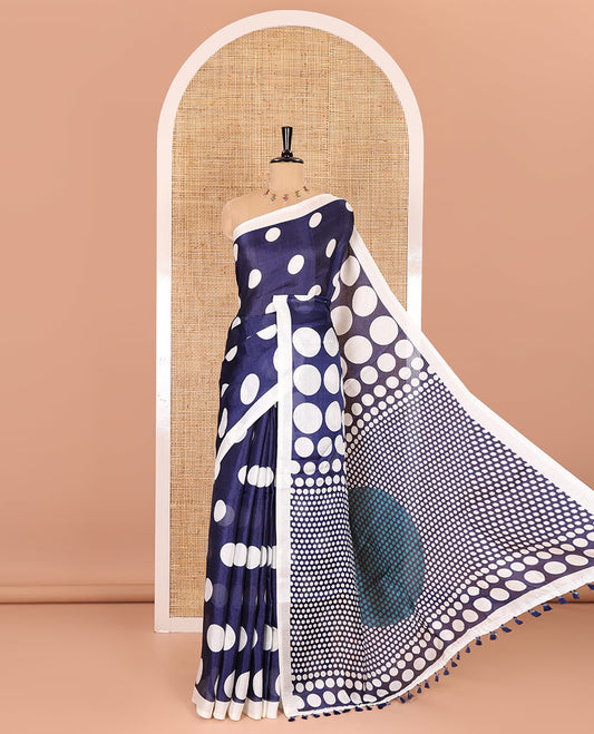 Borderless cream-navy blue polka dots printed art khadi cotton saree, pallu of big and small coin-size polka dots print, and a small dots printed blouse