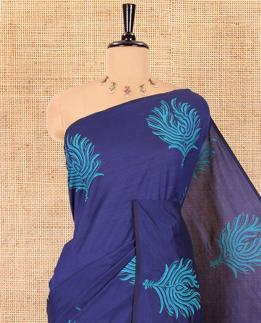 Blue leaf-motif block-printed South cotton saree, floral motif block-printed border, a printed pallu with a matching blouse, and a contrast printed blouse