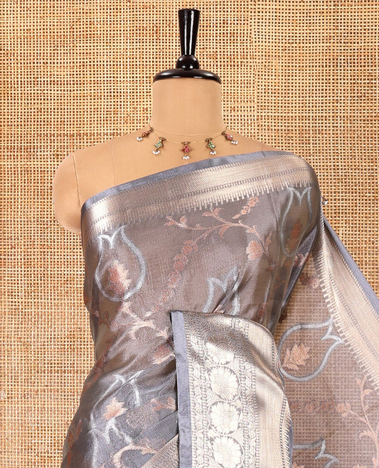 Grey silver and copper zari jaal design tissue silk saree, traditional zari border of floral creeper designs, floral design pallu, and a jacquard blouse