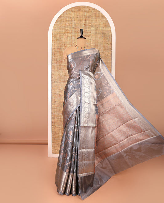 Grey silver and copper zari jaal design tissue silk saree, traditional zari border of floral creeper designs, floral design pallu, and a jacquard blouse