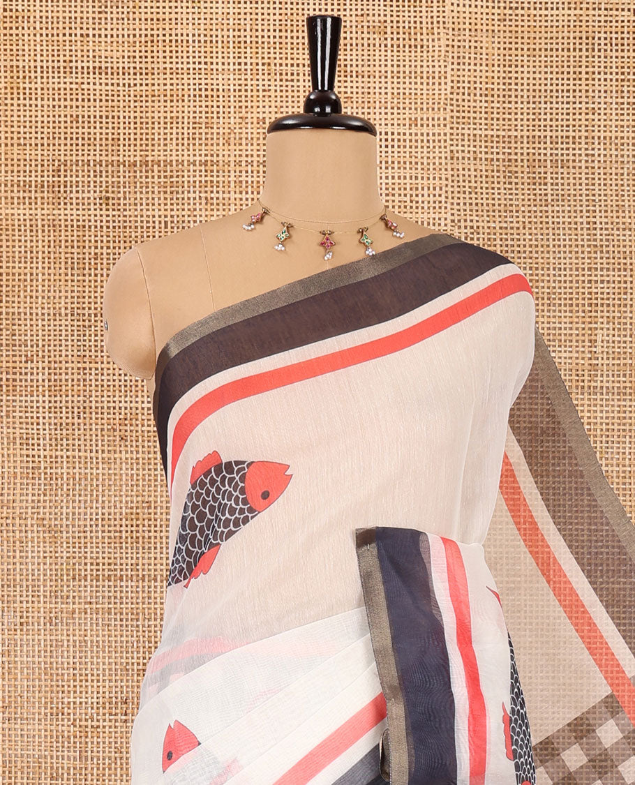 Off-white fish motifs and checked half-and-half saree, contrast border, checked pallu, and a contrast spiral motifs printed blouse