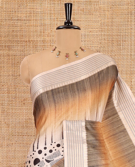 Olive green geometric patterns and polka dots printed semi-tussar saree, contrast horizontal striped zari border, striped pallu, and a contrast blouse