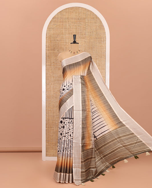 Olive green geometric patterns and polka dots printed semi-tussar saree, contrast horizontal striped zari border, striped pallu, and a contrast blouse