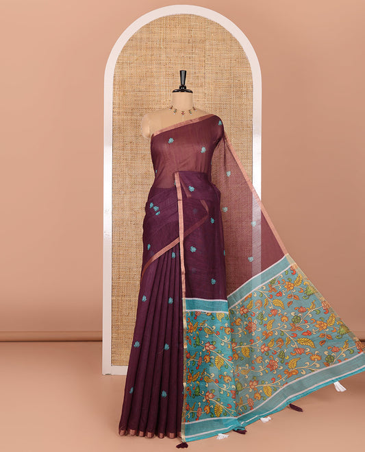 Wine lotus motifs printed linen saree, piping border, contrast floral vine printed pallu, and contrast printed blouse