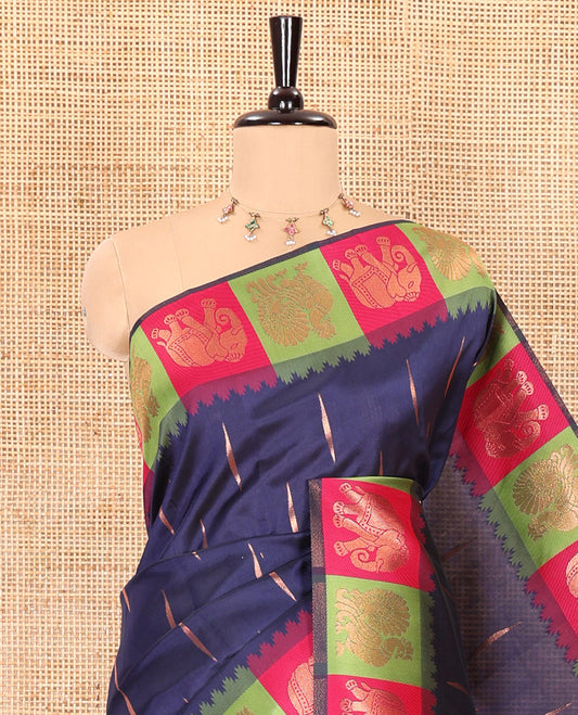 Navy blue copper zari buttas woven kanchi silk saree, contrast temple border of peacock and elephant motifs, zari-rich pallu, and a zari design blouse