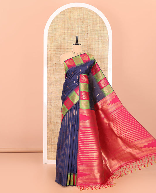 Navy blue copper zari buttas woven kanchi silk saree, contrast temple border of peacock and elephant motifs, zari-rich pallu, and a zari design blouse