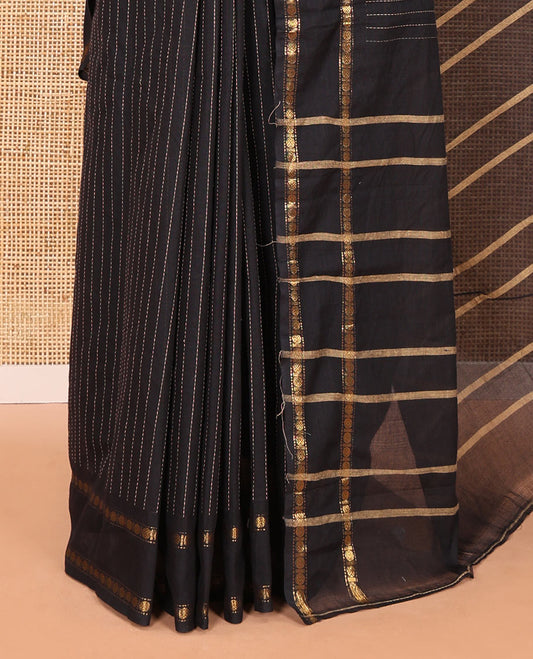 Black striped chettinad cotton saree with  rudraksham gold zari weaving border and lining chit pallu