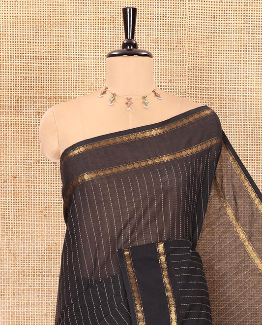 Black striped chettinad cotton saree with  rudraksham gold zari weaving border and lining chit pallu