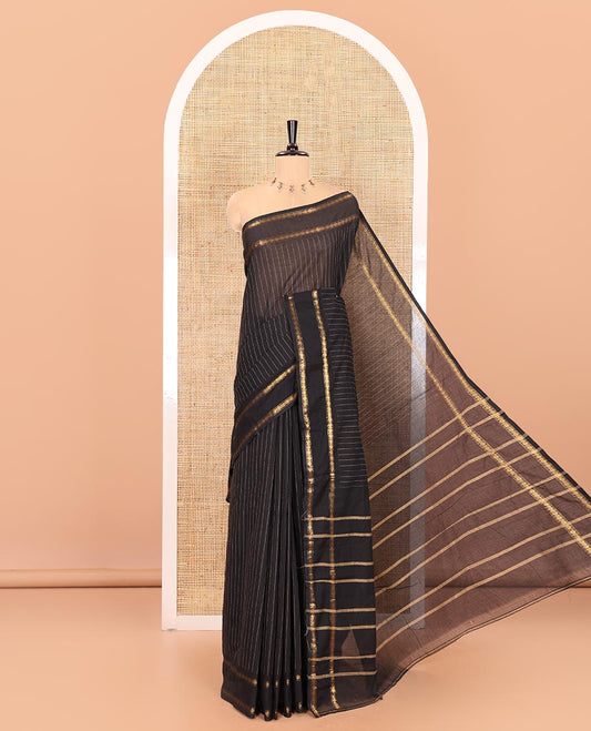 Black striped chettinad cotton saree with  rudraksham gold zari weaving border and lining chit pallu