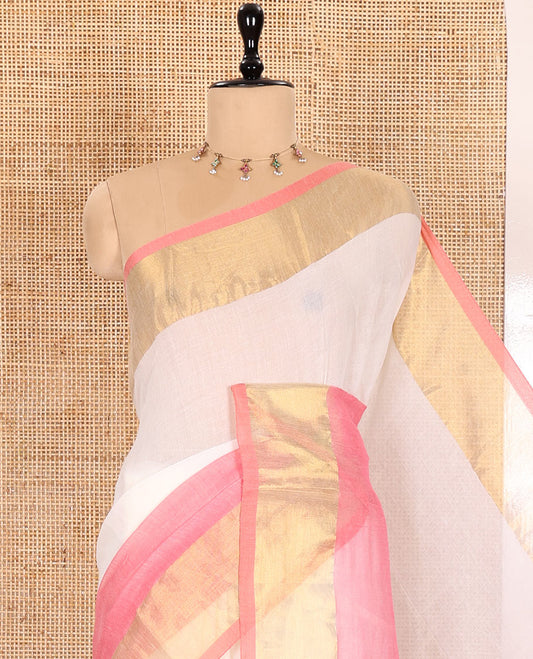 Cream and Pink Plain Khadi Mul Cotton Saree Features a Gleaming Zari Bavanji Border, and a Contrast Pink Plain Blouse