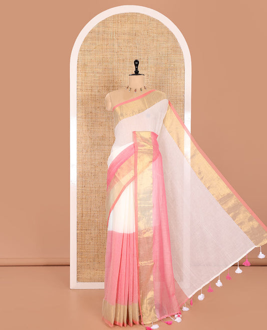 Cream and Pink Plain Khadi Mul Cotton Saree Features a Gleaming Zari Bavanji Border, and a Contrast Pink Plain Blouse