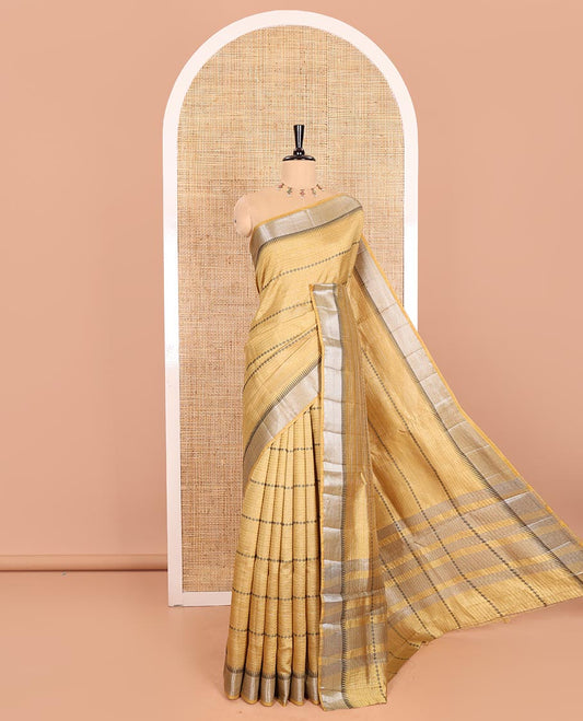 Sandal Semi-Tussar Saree Highlighted by Zari Horizontal Stripes and Thread Floral Designs, Featuring a Subtly Woven Temple Zari Border, a Striped Pallu, and a Matching Blouse