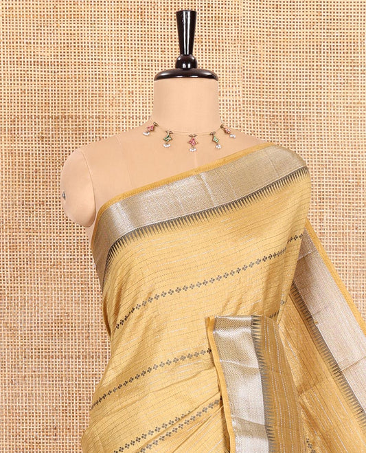 Sandal Semi-Tussar Saree Highlighted by Zari Horizontal Stripes and Thread Floral Designs, Featuring a Subtly Woven Temple Zari Border, a Striped Pallu, and a Matching Blouse