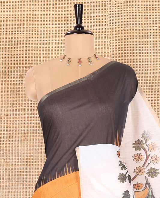 Yellow Plain Chanderi Cotton Saree Featuring a Contrast Black and White Ganga-Jamuna Temple Big Border, a Pallu Beautified with a Realistic Painted-Style Human Figurine Print, and Paired with a Contrast Kalamkari Peacock Printed Blouse