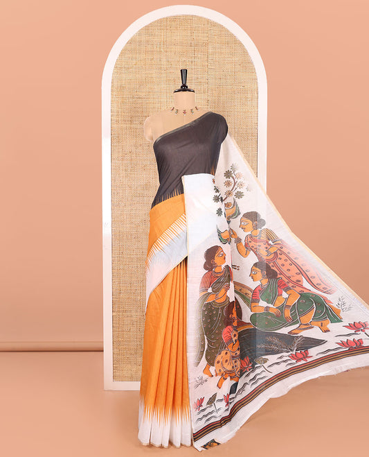 Yellow Plain Chanderi Cotton Saree Featuring a Contrast Black and White Ganga-Jamuna Temple Big Border, a Pallu Beautified with a Realistic Painted-Style Human Figurine Print, and Paired with a Contrast Kalamkari Peacock Printed Blouse